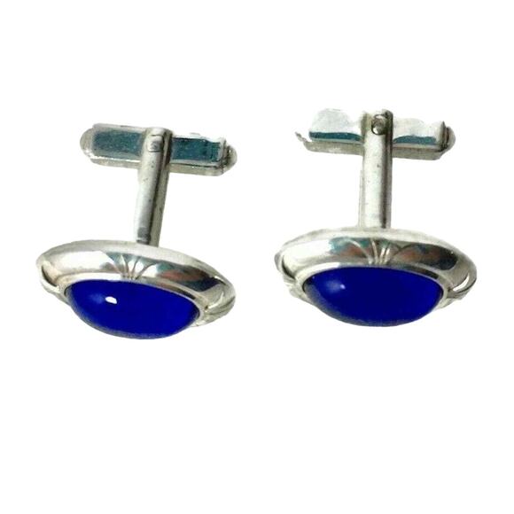 Anson‎ Cuff Links Oval Blue Stone Silvertone  Vintage Estate Jewelry Marked - Picture 3 of 4